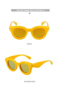 Lunettes de soleil œil de chat jaunes rétro avec verres dorés en vues de face et de profil