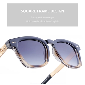 Detailed view of gold metal temples with star engraving on square gradient sunglasses