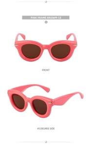 Vue de face et de profil de lunettes de soleil rose œil-de-chat avec verres bruns