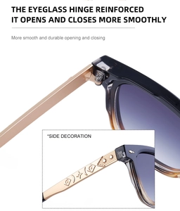 Detail of reinforced metal hinges and engraved gold-tone temples on square sunglasses