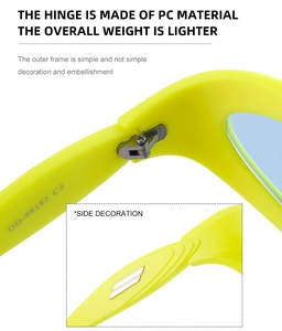 Detail view of PC frame sunglasses with durable metal hinge and yellow decorative side bar