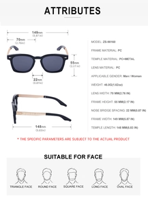 Detailed size chart of square vintage sunglasses with precise measurements and specifications