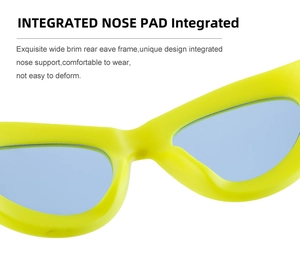 Detail of integrated nose pads on neon green cat-eye sunglasses for comfort and stability