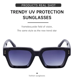 Close-up of square black frame sunglasses with blue gradient lenses and metallic dots