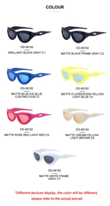 Matrix display of Y2K cat-eye cycling sunglasses in seven vibrant frame color variations