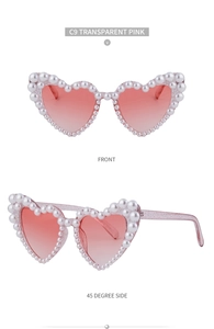 Detailansicht der Herz-Sonnenbrille mit Perlenverzierung und rosa Verlaufsgläsern