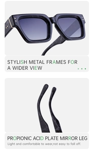 Detail of square black sunglasses showing marble texture temples and metal dot hinges