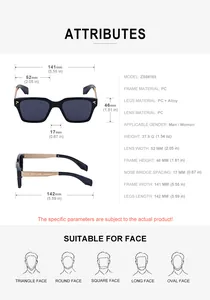 Tableau des tailles et spécifications des matériaux pour lunettes de soleil rétro