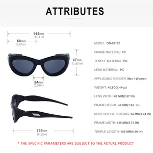 Detailed size chart for Y2K cat-eye sunglasses showing 145mm frame width and PC lens specs