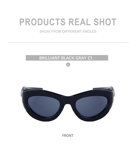 Front view of Y2K cat-eye cycling sunglasses with brilliant black frames and gray lenses