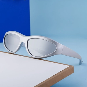 Futuristic silver wraparound Y2K sunglasses with reflective lenses for sports fashion