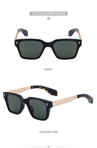 Vues détaillées des lunettes de soleil carrées rétro avec branches dorées et verres verts