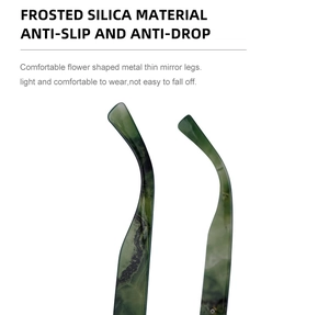 Détail des embouts de lunettes en silicone antidérapants avec motif marbre vert chic