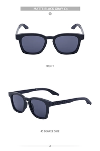 Detailed front and side views of matte black square sunglasses with floral temple carvings