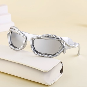 Y2K wraparound silver rope texture sunglasses with reflective lenses and cream case