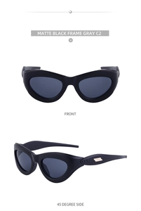 Front and side views of matte black cat eye sunglasses with grey lenses and gold accents