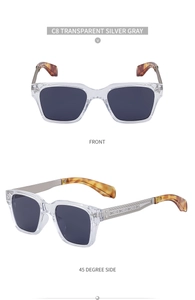 Détails de lunettes de soleil carrées rétro avec monture grise et branches métalliques
