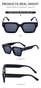 Detailed views of black rectangle sunglasses with gold rivet accents and dark grey lenses