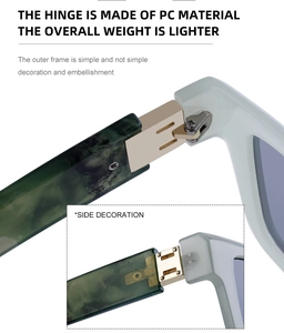 Détail de lunettes de soleil carrées avec charnières PC et branches en écaille verte