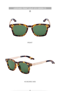 Detail of square leopard print sunglasses with gold metal temples and retro engraving