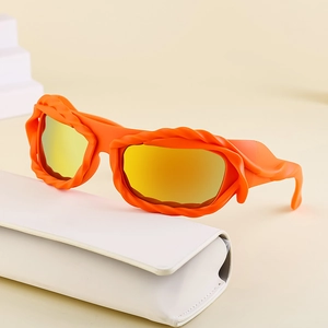 Y2K bright orange rope-textured sunglasses with golden mirrored lenses and white case