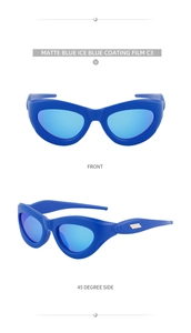 Front and 45-degree views of matte blue Y2K cat-eye sunglasses with ice blue lenses