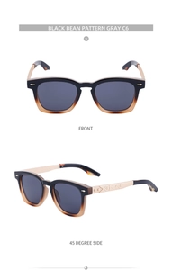 Detail view of square gradient frame sunglasses with gold engraved temples and dark gray lenses