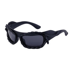 Y2K sporty matte black sunglasses with unique 3D twisted lace frames and dark lenses