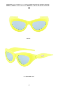 Front and side view of Y2K cat-eye sunglasses in matte fluorescein yellow and light blue