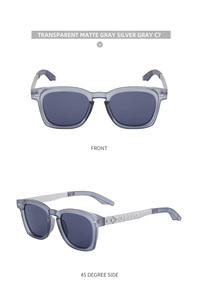 Detail of square vintage sunglasses with matte gray frames and engraved silver temples