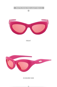 Detailed side view of matte rose red Y2K cat-eye sunglasses with metal temple accents