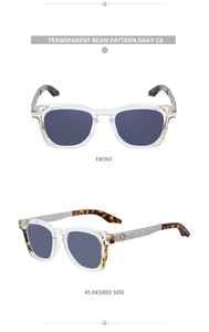 Detail view of square vintage sunglasses with transparent gray frames and C8 pattern temple