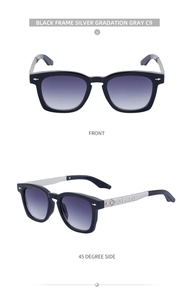 Detail of silver metallic temples with engraved floral patterns on square sunglasses