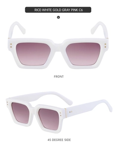 Close-up of rice-white rectangular sunglasses with metal rivets and gradient pink lenses
