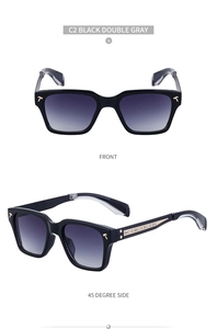 Détails de lunettes de soleil carrées noires avec verres dégradés et accents dorés en T