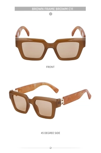 Vues frontale et latérale de lunettes de soleil carrées marron avec branches marbrées