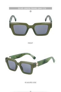 Détail des lunettes de soleil carrées vert olive avec verres gris et charnière en métal