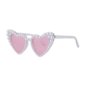 Modische Herz-Sonnenbrille mit rosa Gläsern, Glitzerrahmen und Perlenverzierung