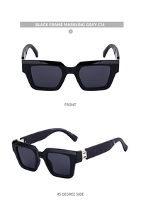 Vues de face et de profil de lunettes de soleil noires avec branches gris marbré
