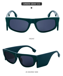 Vorder- und Seitenansicht einer kleinen Cat-Eye-Sonnenbrille in Grüngrau C5 mit breiten Bügeln