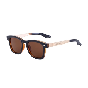 Retro square sunglasses with gold embossed temples and brown lenses shown at a 45-degree angle