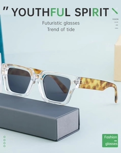 Detalle de gafas de sol grises con patillas de leopardo en un soporte de exhibición