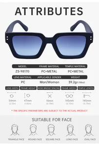 Tabla detallada de tallas y especificaciones para gafas de sol vintage de montura cuadrada