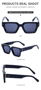 Tres perspectivas de gafas de sol cuadradas negras con remaches dorados y lentes grises