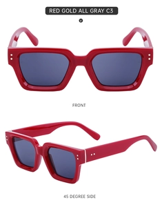 Detalle de gafas de sol cuadradas rojas retro con lentes grises y remaches metálicos