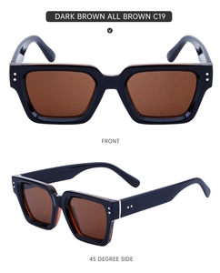 Vista frontal y lateral de 45 grados de gafas de sol cuadradas con remaches de metal