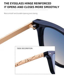Detail showing the reinforced hinge and gold geometric embossed temples on square sunglasses