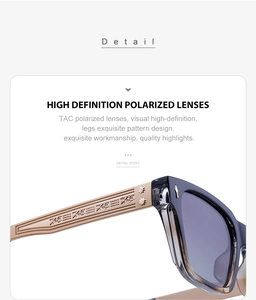 Detail of blue translucent frame with engraved gold temples and TAC polarized lenses