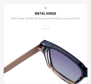 Detail of durable gold metal hinge on square polarized sunglasses for smooth opening