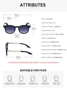 Detailed size chart for square sunglasses showing lens width and frame dimensions